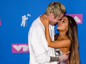 Pete Davidson and Ariana Grande are pictured at the 2018 MTV Video Music Awards, August 20, 2018. (Patricia Schlein/WENN.com)