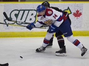 Edmonton Oil Kings Quinn Benjafield, seen here against the Red Deer Rebels on Friday, Sept. 14, 2018, scored two goals in a 5-2 win against the Saskatoon Blades on Saturday at Rogers Place.