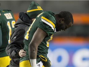Edmonton Eskimos D'haquille Williams (81) is helped off the field during play agains the Winnipeg Blue Bombers on Saturday, Sept. 29, 2018 in Edmonton.