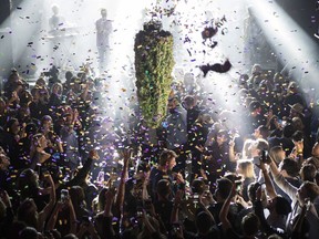 A depiction of a cannabis bud drops from the ceiling at Leafly's countdown party in Toronto on Wednesday October 17, 2018, as midnight passes and marks the first day legalization of Cannabis across Canada.