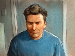 Paul Bernardo is shown in this courtroom sketch during Ontario court proceedings via video link in Napanee, Ont., on October 5, 2018.