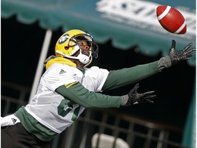 Edmonton Eskimos slotback D'haquille reaches for the ball during team practice in Edmonton on October 11, 2018. The Eskimos play the Ottawa Redblacks in Edmonton on Saturday October 13, 2018.