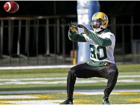 Edmonton Eskimos wide receiver Bryant Mitchell prepares to make a catch during team practice in Edmonton on October 11, 2018. The Eskimos play the Ottawa Redblacks in Edmonton on Saturday October 13, 2018.