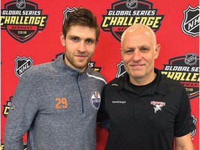 Oilers forward Leon Draisaitl with his father Peter Draisaitl in Cologne Germany on October 1, 2018. Peter coaches the Koln Haie hockey team, which will play an exhibition game against the Oilers on October 3, 2018.