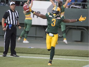 Natey Adjei (3) of the Edmonton Eskimos, celebrates his first half touchdown against the B.C. Lions on June 29, 2018 at Commonwealth Stadium in Edmonton.