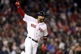 Eduardo Nunez of the Boston Red Sox celebrates his three-run home run during the seventh inning against the Los Angeles Dodgers in Game 1 of the World Series at Fenway Park on October 23, 2018 in Boston. (GETTY IMAGES)