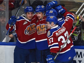 Edmonton Oil Kings celebrate their fourth goal on the Swift Current Broncos during WHL action at Rogers Place in Edmonton, September 28, 2018.