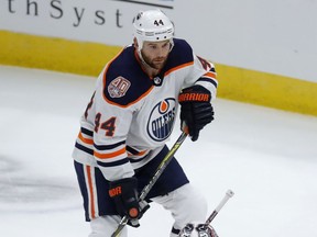 Edmonton Oilers forward Zack Kassian looks on during NHL action on Oct. 28, 2018, in Chicago.