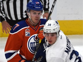Edmonton Oilers Connor McDavid (97) and Toronto Maple Leafs Auston Matthews (34) during first period NHL action at Rogers Place in Edmonton, Wednesday, November 29, 2016. Ed Kaiser/Postmedia (Edmonton Journal story by Jim Matheson) Photos off Oilers game for multiple writers copy in Nov. 30 editions.