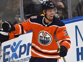 Edmonton Oiler Alex Chiasson celebrates his second goal against the Pittsburgh Penguins during NHL action at Rogers Place Tuesday, Oct. 23, 2018.