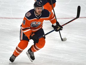 Edmonton Oilers Kris Russell playing against the Vancouver Canucks during NHL pre-season action at Rogers Place in Edmonton, September 25, 2018.