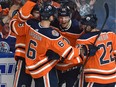 Edmonton Oilers Alex Chiasson (39) celebrates his goal with teammates against the Washington Capitals during NHL action at Rogers Place in Edmonton on Thursday, Oct. 25, 2018.