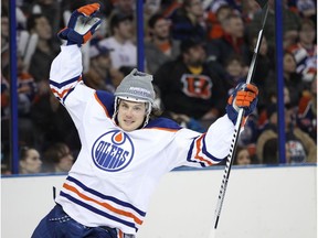 Oilers forward Ryan Jones (28) competes in the fastest skater event during the Oilers Skills Competition at Rexall Place in Edmonton on Saturday, Jan. 25, 2014.