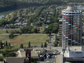 The sub-basin where the Rossdale neighbourhood of Edmonton is located is identified by Epcor as the highest risk of flooding. Rossdale is shown from the 29th floor of Manulife Place in downtown Edmonton.