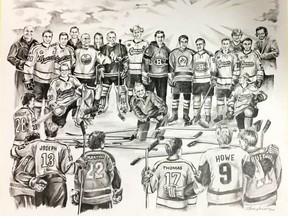 This drawing by Steve Nesbit honouring the Humboldt Broncos and other hockey greats is one of the items up for auction in the ATCO Edmonton Sun Christmas Charity Auction. For Cam Tait October 14, 2018 column. (Supplied)