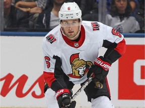 Chris Wideman #6 of the Ottawa Senators up ice with the puck against the Toronto Maple Leafs during an NHL game at Scotiabank Arena on October 6, 2018 in Toronto, Ontario, Canada.