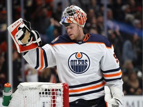 ANAHEIM, CA - NOVEMBER 23:  Mikko Koskinen #19 of the Edmonton Oilers looks on after allowing a goal by Nick Ritchie #37 of the Anaheim Ducks during the third period of a game at Honda Center on November 23, 2018 in Anaheim, CA.