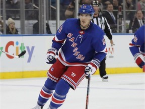 Ryan Strome of the New York Rangers skates in his first game with the team against the Florida Panthers at Madison Square Garden on November 17, 2018 in New York City.