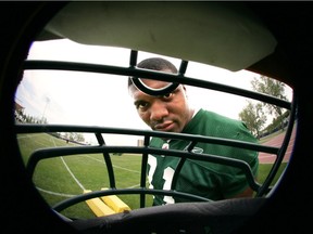 Defensive lineman Dorian Boose was part of the Eskimos stand-out 2003 season, fondly thought of by teammates. But his life took a dark turn after he was cut from the team in 2004 and his world shifted to Edmonton's streets. This file photo was snapped during a June 2004 practice at Clarke Stadium.