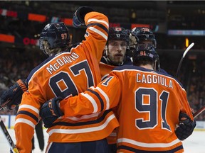 The Edmonton Oilers celebrate Leon Draisaitl's (29 centre) goal against the Montreal Canadiens during first period NHL action at Rogers Place, in Edmonton on Tuesday, Nov. 13, 2018.
