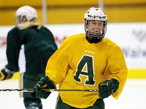 University of Alberta Pandas hockey forward Alex Poznikoff (16) takes part in a team practice at Clare Drake Arena Thursday, Nov. 15, 2018.