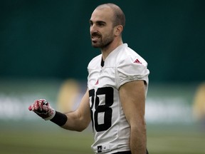 The Ottawa Redblacks' Brad Sinopoli (88) takes part in a practice at Foote Field ahead of Sunday's Grey Cup against the Calgary Stampeders, in Edmonton Wednesday November 21, 2018. Photo by David Bloom