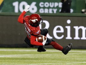 Calgary Stampeders returner Terry Williams loses his footing and slips on Sunday, Nov. 25, 2018, during the first half of Grey Cup action against the Ottawa Redblacks at Commonwealth Stadium.