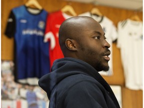 Randy Edwini-Bonsu speaks to the media after Edwini-Bonsu and Allan Zebie were announced as FC Edmonton's first two player signings for the inaugural season of the Canadian Premier League, in Edmonton Wednesday November 28, 2018.