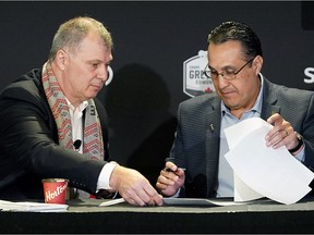 CFL Commissioner Randy Ambrosie (left) and Oscar Perez (right, CEO, Liga de Futbol Americano Profesional, Mexico) signed a letter of intent in Edmonton on Friday November 23, 2018 that will see them work together on several projects, including possible CFL games in Mexico.