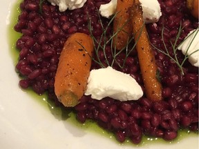 Beet and Barley Pudding, Roasted Carrots, Fresh Ricotta.