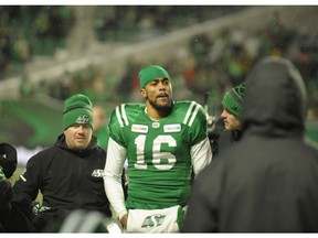 Saskatchewan Roughriders quarterback Brandon Bridge is helped off the field after a big hit in the final seconds of second half CFL West Division semifinal action against the Winnipeg Blue Bombers in Regina on Sunday, Nov. 11, 2018.