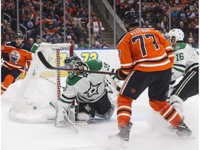 Dallas Stars goalie Anton Khudobin (35) is scored on by Edmonton Oilers' Oscar Klefbom (77) during overtime NHL action in Edmonton, Alta., on Tuesday November 27, 2018.