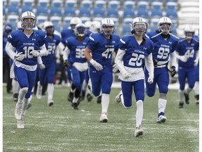 The Harry Ainlay Titans are seen during an Alberta Tier 1 regional final versus the Bellerose Bulldogs at Clarke Stadium in Edmonton, Alberta on Nov. 18, 2017.