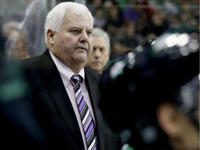In this Sept. 26, 2017, file photo, Dallas Stars head coach Ken Hitchcock looks on from the bench during the first period of a preseason NHL hockey game against the Minnesota Wild in Dallas.