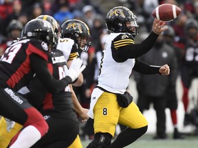 Hamilton Tiger-Cats quarterback Jeremiah Masoli (8) throws the ball during second half CFL East Division final action against the Ottawa Redblacks, in Ottawa on Sunday, Nov. 18, 2018.