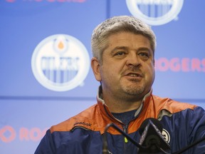 FILE - In this May 12, 2017, file photo, Edmonton Oilers head coach Todd McLellan speaks to the media during an NHL hockey news conference in Edmonton, Alberta. The Edmonton Oilers have fired coach Todd McLellan and replaced him with Ken Hitchcock with the team languishing in sixth place in the Pacific Division. McLellan was in his fourth season behind the Oilers' bench. The team missed the playoffs in two of his previous three seasons despite having superstar Connor McDavid on its roster. The Oilers were just 9-10-1 entering its game Tuesday night, Nov. 20, 2018, at San Jose.  (Jason Franson/The Canadian Press via AP, File) ORG XMIT: NY164