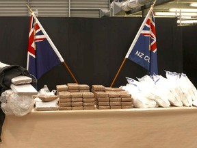 This image made from video shows a cocaine seizure at a police press conference in Auckland, New Zealand Friday, Nov. 16, 2018.