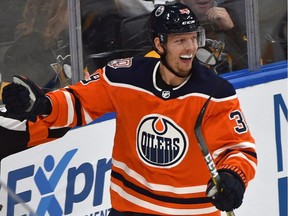 Edmonton Oilers winger Alex Chiasson celebrates his second goal against the Pittsburgh Penguins on Oct. 23, 2018, during NHL action at Rogers Place in Edmonton.