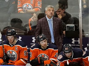 Edmonton Oilers head coach Todd McLellan looks up in frustration as he watched his team go down to defeat 6-3 against the Vegas Golden Knights in Edmonton on Sunday November 18, 2018.