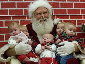 A graduate tea party was held at the Grey Nuns Community Hospital in Edmonton on Saturday November 17, 2018 to celebrate World Prematurity Day. Babies (left to right) Emma Petersen, Easton Townsend, Isla Petersen, Kaysen Townsend and Nixon Townsend (4-months-old) got their photo taken with Santa Claus at the hospital.
