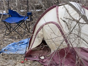 A tent camp is seen east of the Dawson Bridge in Edmonton on April 16, 2014. The city released a map showing where homeless camps are located and more are away from the downtown core.