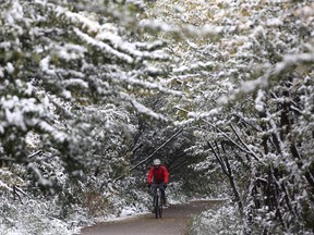 A cyclist makes their way along a snow lined bike path near 89 Avenue and 109 Street Thursday morning.