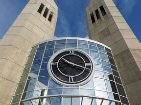 EDMONTON, ALBERTA: MARCH 7, 2014 - The clock tower at MacEwan University in Edmonton. Alberta switches to Daylight Savings Time on Sunday March 9, 2014.