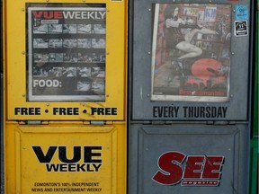 A 2011 photo shows alt-weeklies of the day, including Vue and See. Vue Weekly announced it will stop publishing at the end of November 2018.