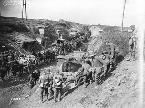 A busy scene is shwon at the Canadian Advanced Dressing Station in the German line, east of Arras, France, September, 1918.