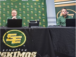 In the Eskimos War Room, GM Brock Sunderland, left, and Rob Ralph, right, Director of Canadian scouting waiting for Thursday nights CFL draft to start at Commonwealth Stadium in Edmonton, May 3, 2018.