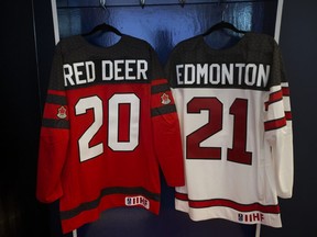 Team Canada jerseys hang in the Edmonton Oilers' Hall of Fame room at Rogers Place during a press conference to announce that the 2021 IIHF World Junior Championship will be held in Edmonton and Red Deer, in Edmonton Thursday Dec. 6, 2018. Photo by David Bloom