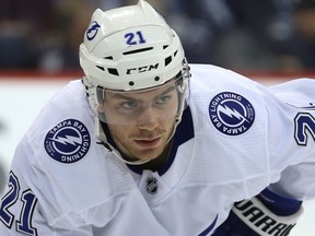 Tampa Bay Lightning forward Brayden Point lines up for a face-off against the Winnipeg Jets in Winnipeg on Sun., Dec. 16, 2018.