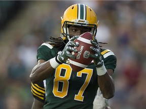 Edmonton Eskimos Derel Walker (87) makes a catch in the end zone for a touchdown against the Hamilton Tiger-Cats during second quarter CFL action on Friday, June 22, 2018 in Edmonton.