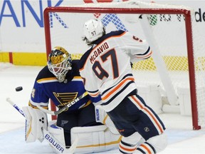 Edmonton Oilers centre Connor McDavid (97) scores the winning goal in a shootout against St. Louis Blues' Jake Allen in an NHL hockey game, Wednesday, Dec. 5, 2018, in St. Louis.